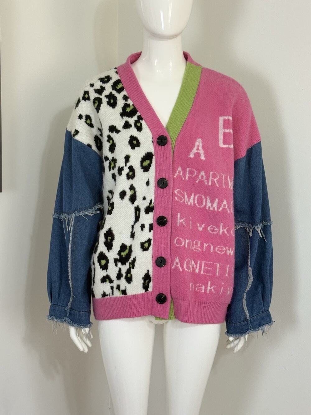 Women Cardigan Sweater Colorblock Animal Print Denim Sleeves Patchwork Size M/L